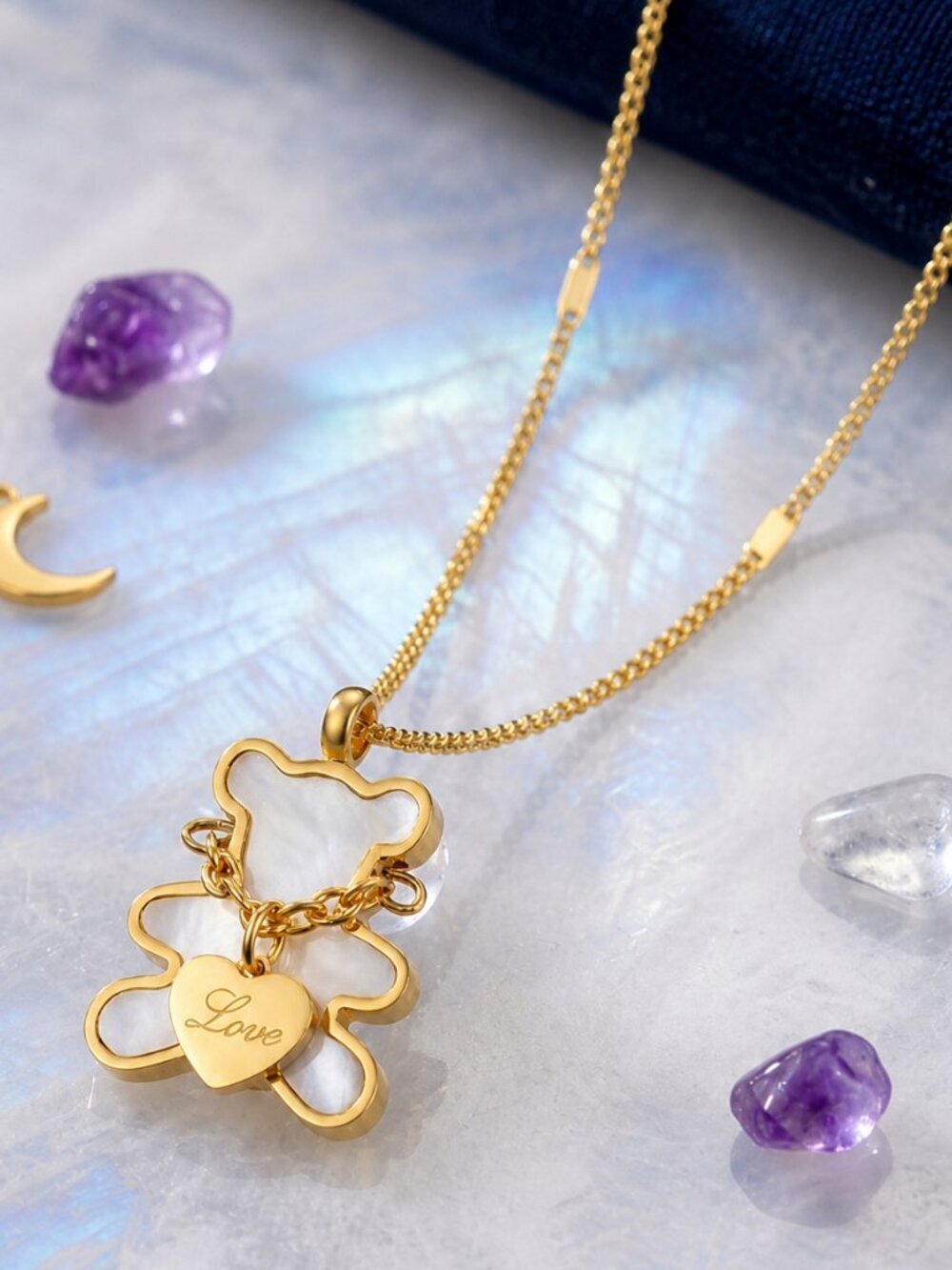 18K Gold Plated SS Shell Teddy Bear Necklace Love Heart Coquette Balletcore 16in - Picture 13 of 17